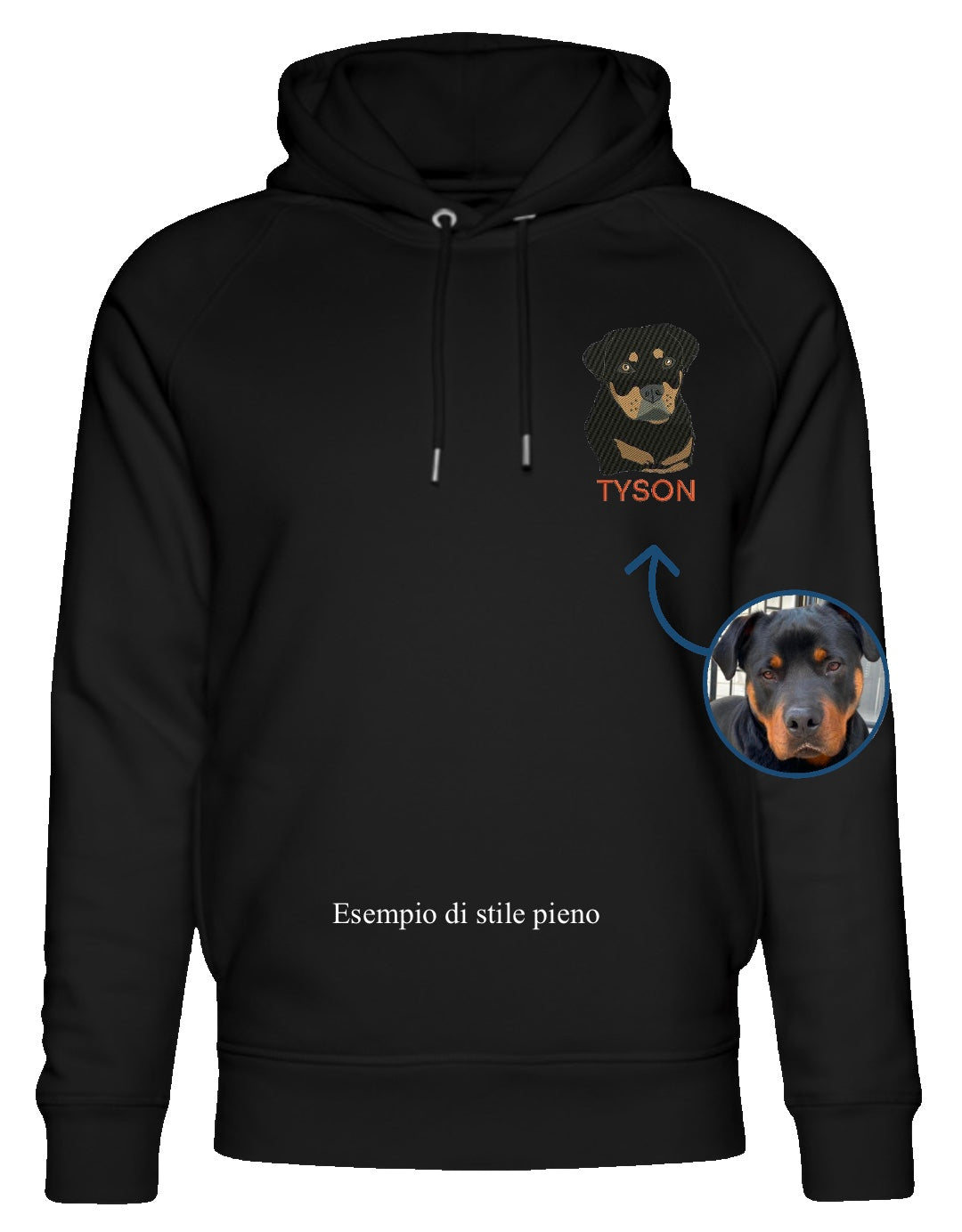 Ricamo di una foto su felpa con cappuccio