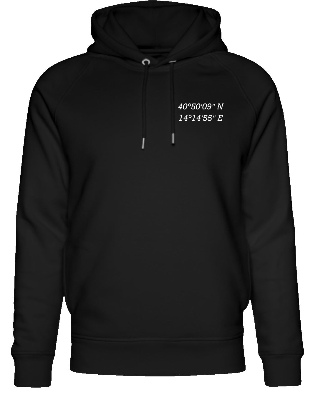 Ricamo di coordinate geografiche su felpa con cappuccio